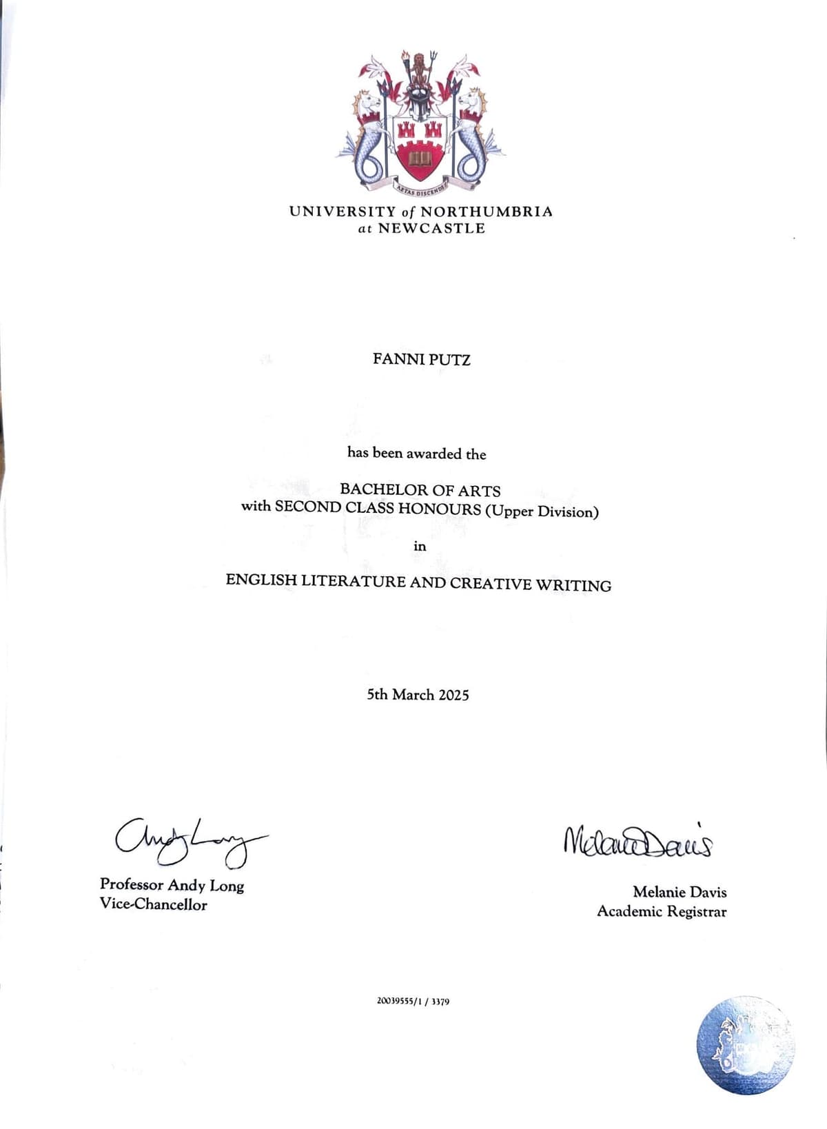 Photo of Fanni's degree certificate